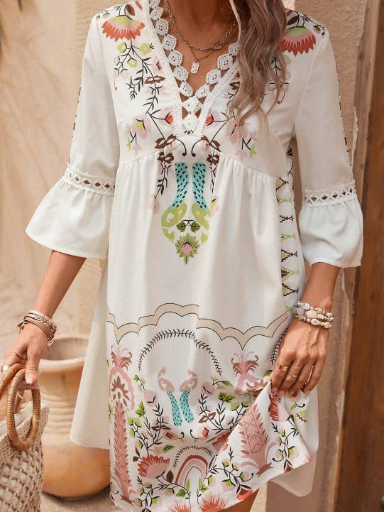 Comely Fashion - Wholesale Dress - Women's - Floral Printed Lace Patchwork V-neck Summer Dress