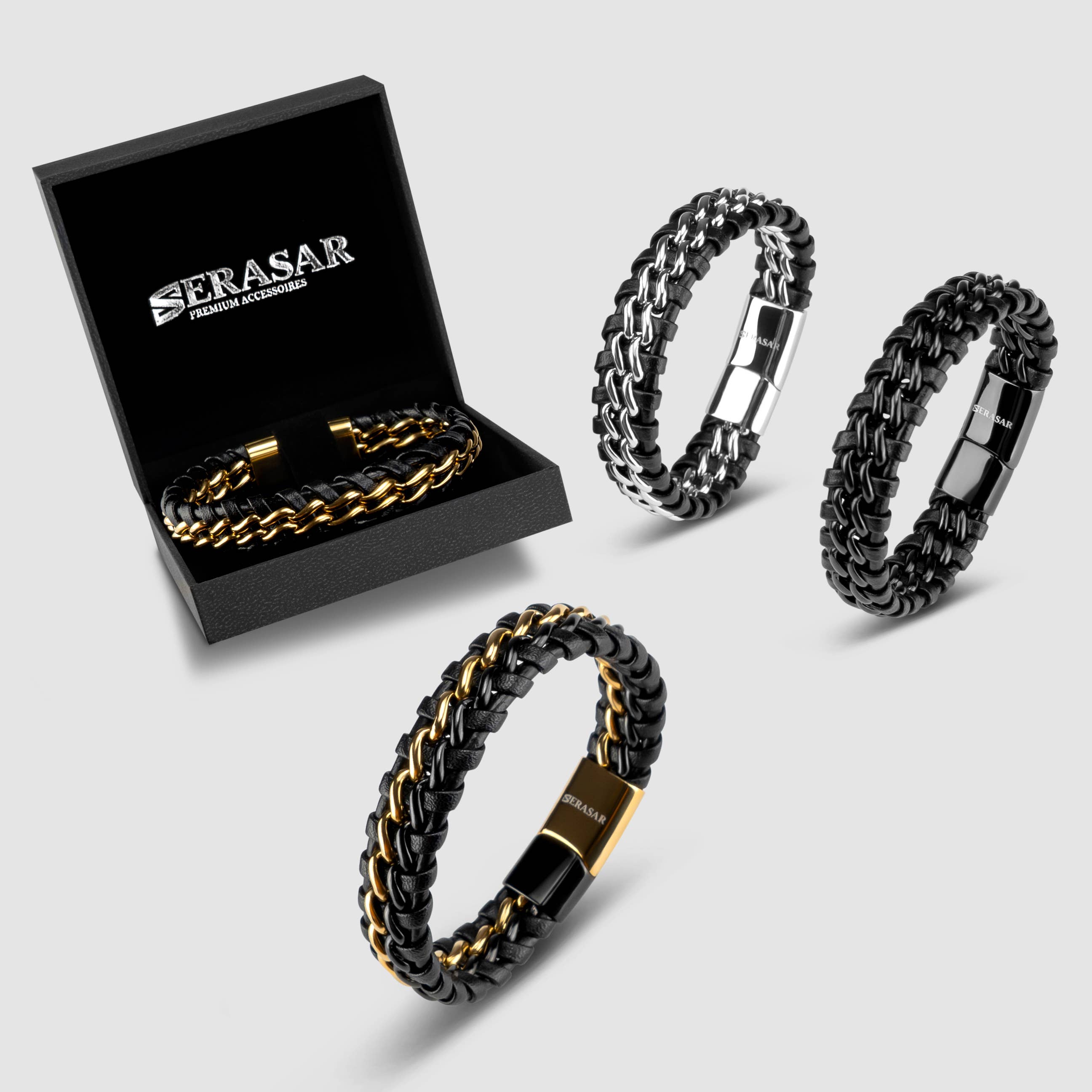 SERASAR – wholesale Link & chain bracelet – Leather bracelet “Steel” - black - B0127