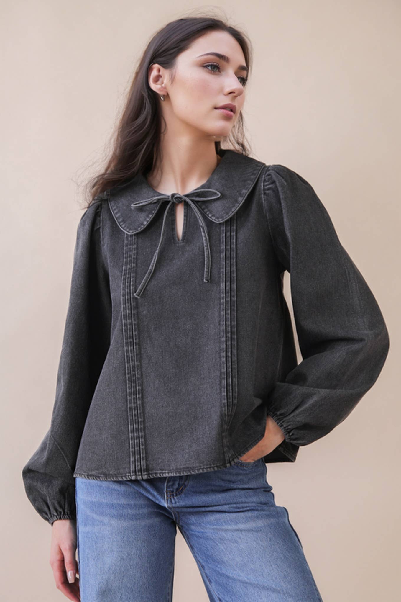 VERY J - Venta al por mayor Blusa - Mujer - Blusa Top de Mezclilla Chambray Lavado Mineral NT122336