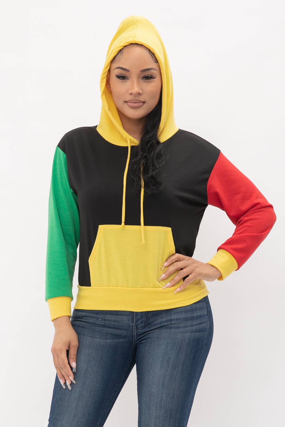 Yellow Combo Color Block Front Pocket Long Sleeve Hoodie for wholesale on Faire1