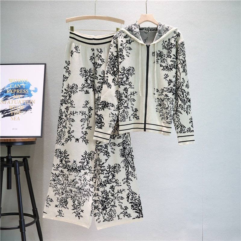 UZ Wholesale Store – wholesale Top & pants set (NOT Loungewear) – Women's – Ink Painting Jacquard Hooded Sweater And Wide Leg Pants Set3