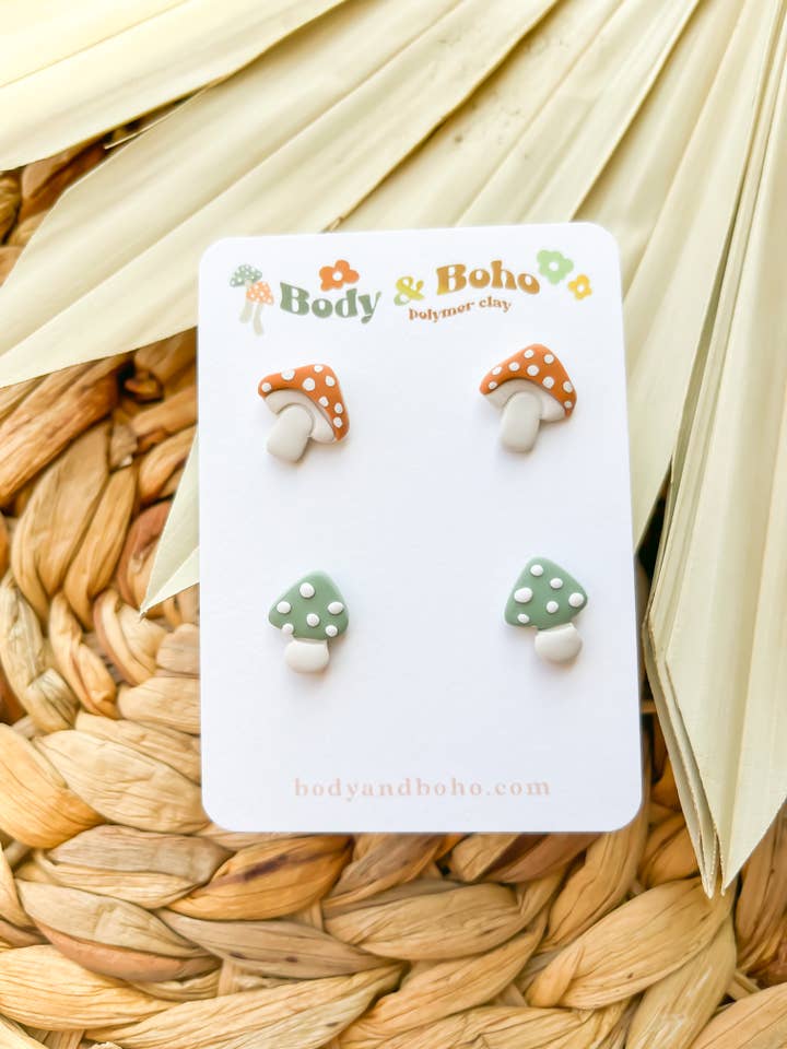 Boho Mushroom Stud Pack mit Fimoklon-Ohrsteckern für den Großhandel von Body & Boho