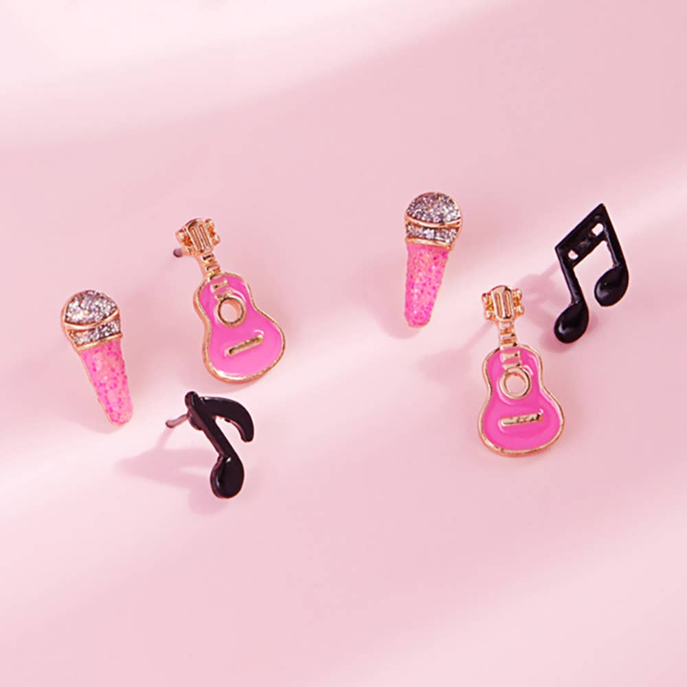 Sensibling Corp. - Wholesale Jewelry Set - 3PAIRS - Enamel Guitar Mic Music Note Stud Earring Set
3