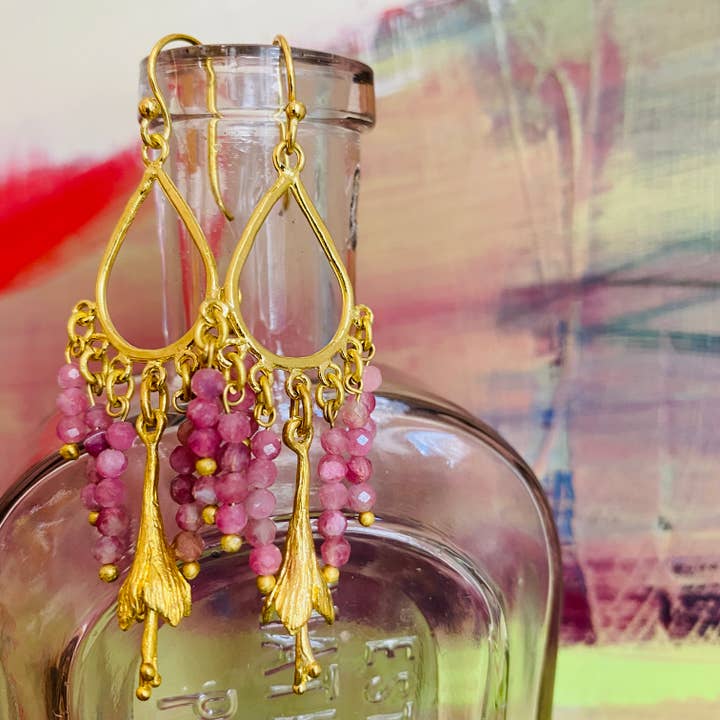 Gemstone Dangle Earrings "Teardrop" Pink Tourmaline for wholesale by Waterlily