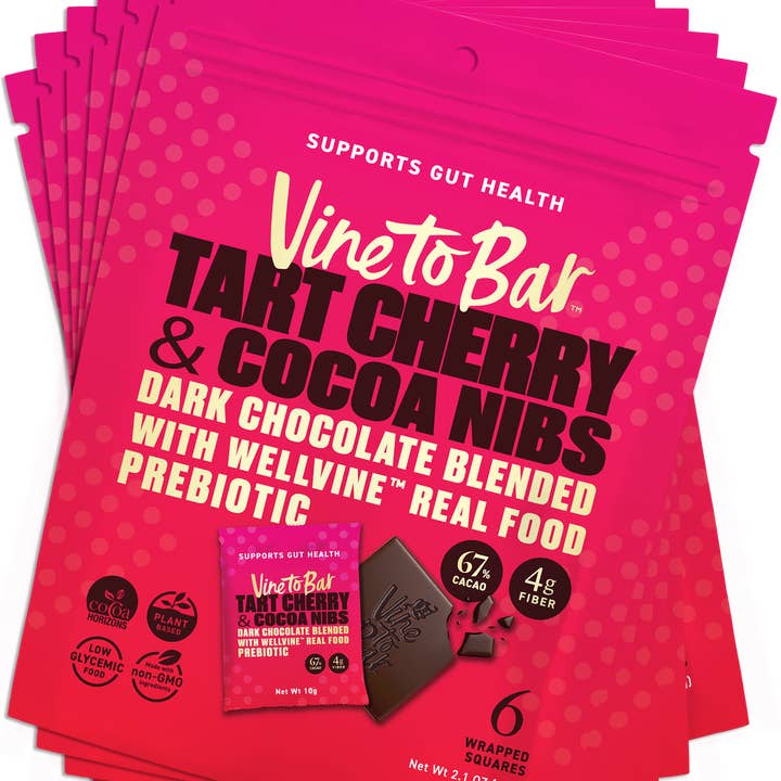 6 Pochettes Six Pack - Cerise Aigre et Éclats de Cacao Carrés de Chocolat Noir 10g pour la vente par Vine to Bar Chocolate