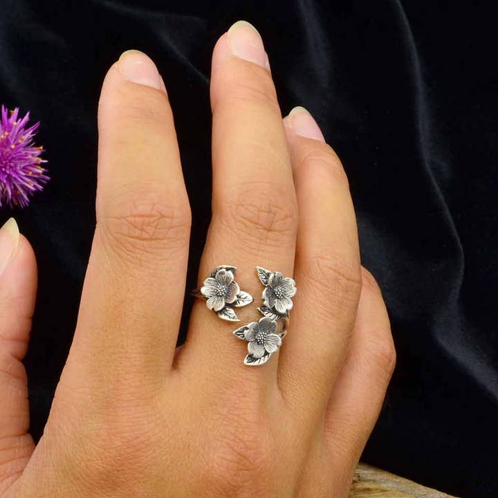 Nina Designs - Wholesale Cocktail/Statement Ring - Silver or Bronze Adjustable Dogwood Flower and Leaf Ring