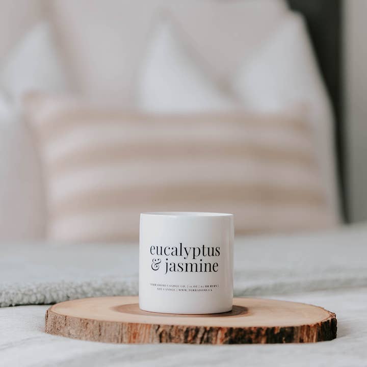 Eucalyptus + Jasmine Soy Candle | Ceramic Jar + Box | 11 oz for wholesale by Terradomi Candle Co.