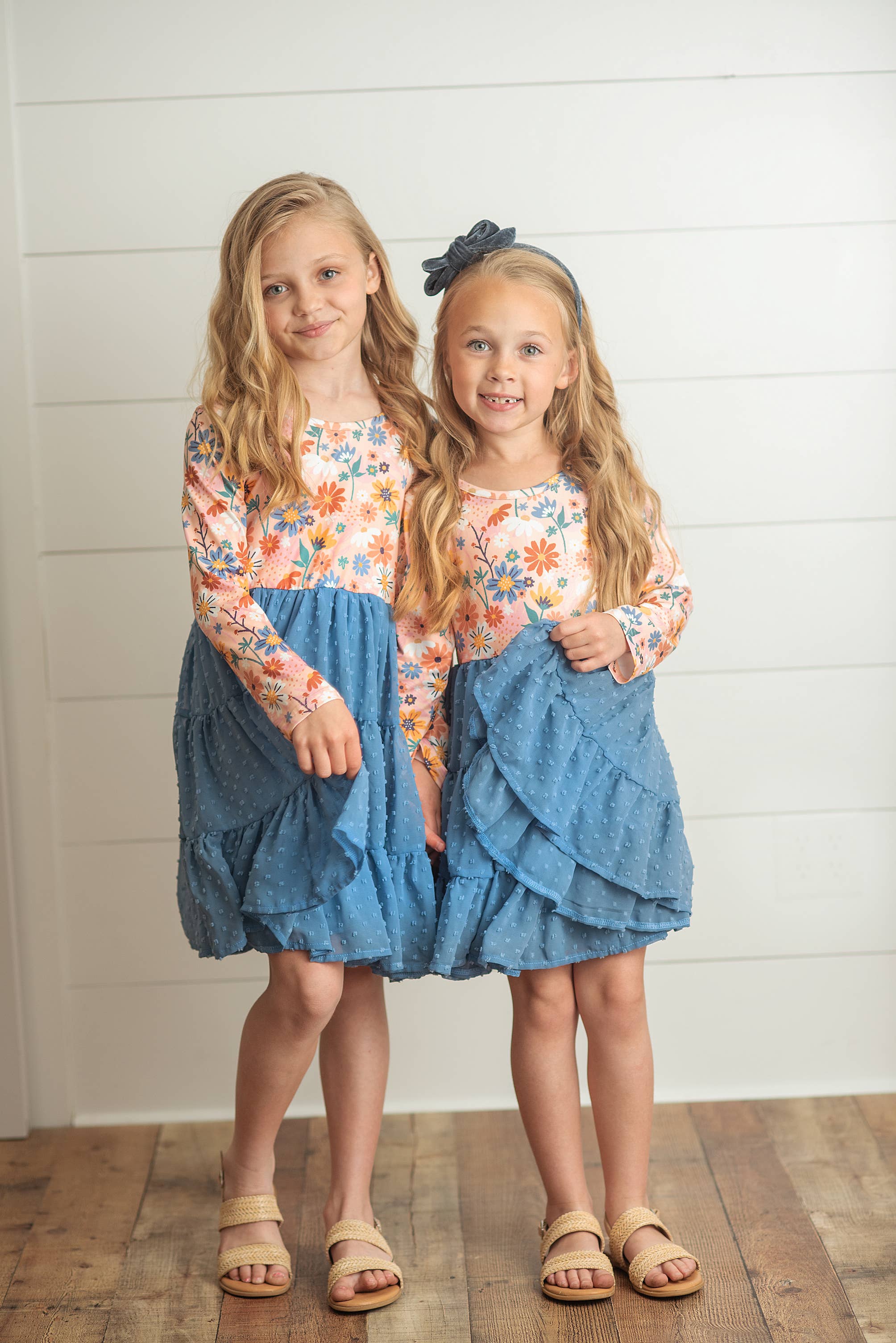 Adorable Sweetness - Wholesale Dress - Kids - Kids Dusty Blue Flower Print Swiss Dot Tulle Fall Dress 5