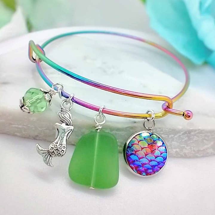 Bad Apple Designs - Wholesale Charm/dangle bracelet - Mermaid Sea Glass Bangle Bracelet: Beach Charm Jewelry0