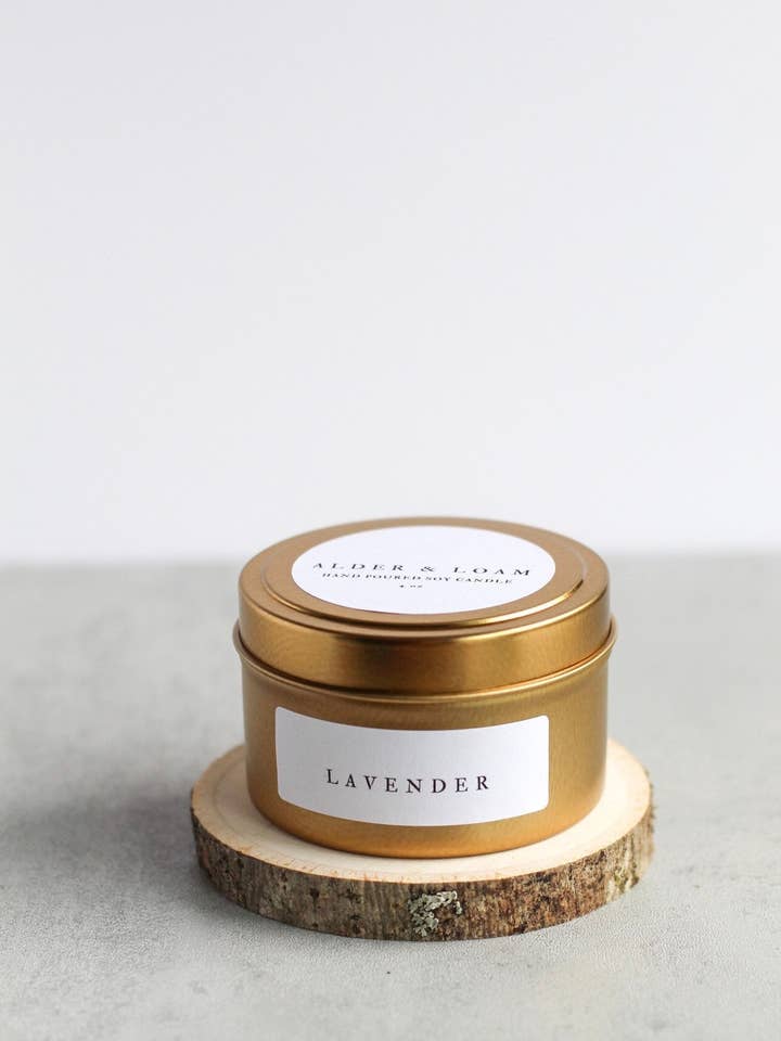 Lavender Soy Candle, Hand Poured, Natural, Eco Friendly, Earthy Scent, 4 oz Tin for wholesale by Alder and Loam
