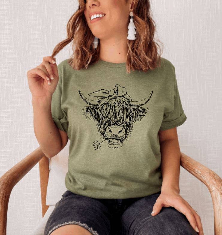 Tron Tron Graphic Wear - Wholesale Screen Printed T-Shirt - Women's - Highland Cow Bella and Canvas Graphic Tee #OS413
