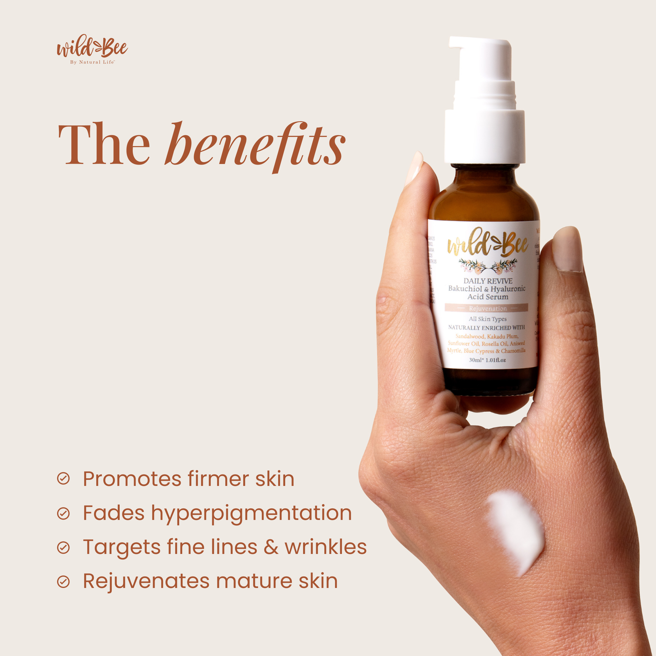 Wild Bee skincare - Wholesale Facial Serum/Concentrate - Daily Revive - Bakuchiol & Hyaluronic Acid 30ml Ser1