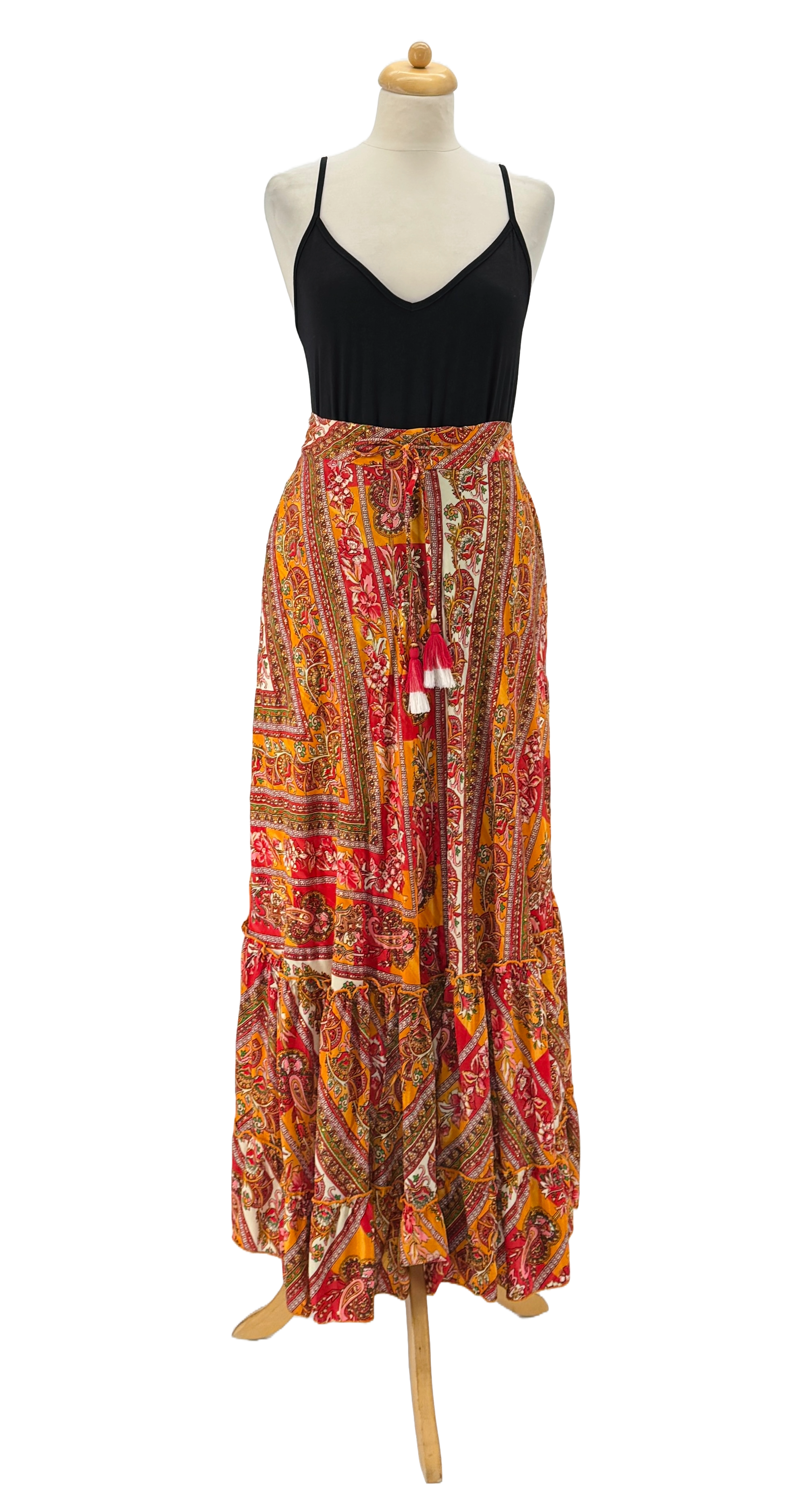  RED COMBO BLACK COMBO TURQUOISE COMBO  Boho Skirt in Cold Silk with Ethnic Print – Handmade for wholesale on Faire5