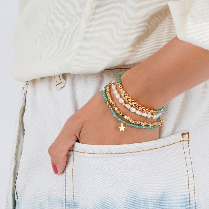 My Fun Colors - Wholesale Jewelry Set - Baroque Pearls, Green Crystals + Gold | Stretch Bracelets S4
