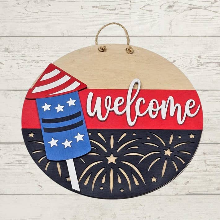 Patriotic Fireworks Welcome Door Sign Birch Wood Front Door Decor for wholesale by Southcoast Lasersmith