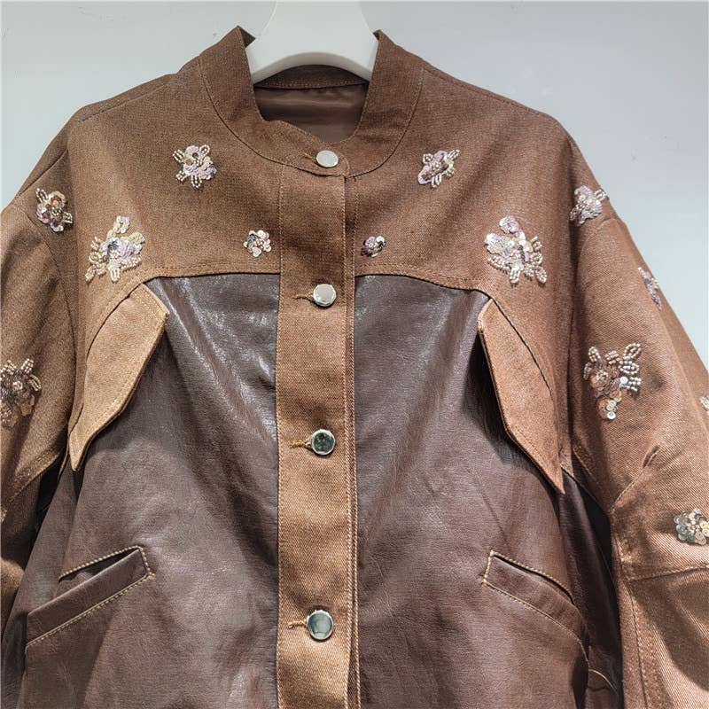 Farbe als Bilder JK182 Handgefertigte Jeansjacke aus PU-Leder mit Perlen und Pailletten für den Großhandel auf Faire2