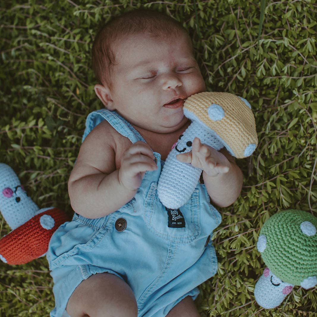 PebbleChild USA - Wholesale Handheld Rattle - Baby - Butter Yellow Mushroom Rattle – Handmade Organic Cotton Baby1