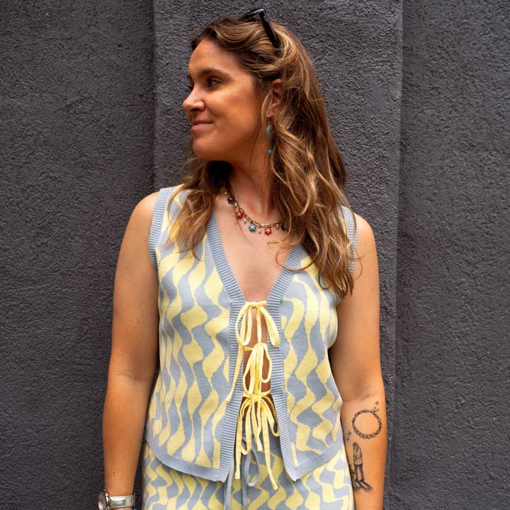 Sunbean - Wholesale Sweater Vest - Women's - Seaside Swirl Human Cotton Knitted Tunic Vest with Tie Front3