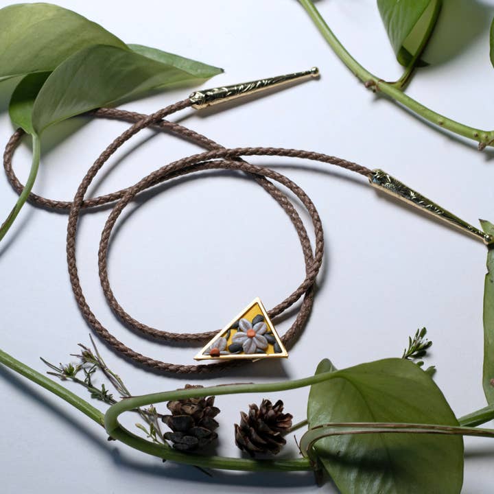 Yellow Floral Triangle Bolo Tie | Polymer Clay | Handmade for wholesale by Ginger Sapp Jewelry