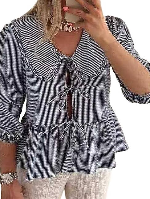 Gingham ribbon tie front oversized-collar Peplum blouse for wholesale by Rosa Clothing