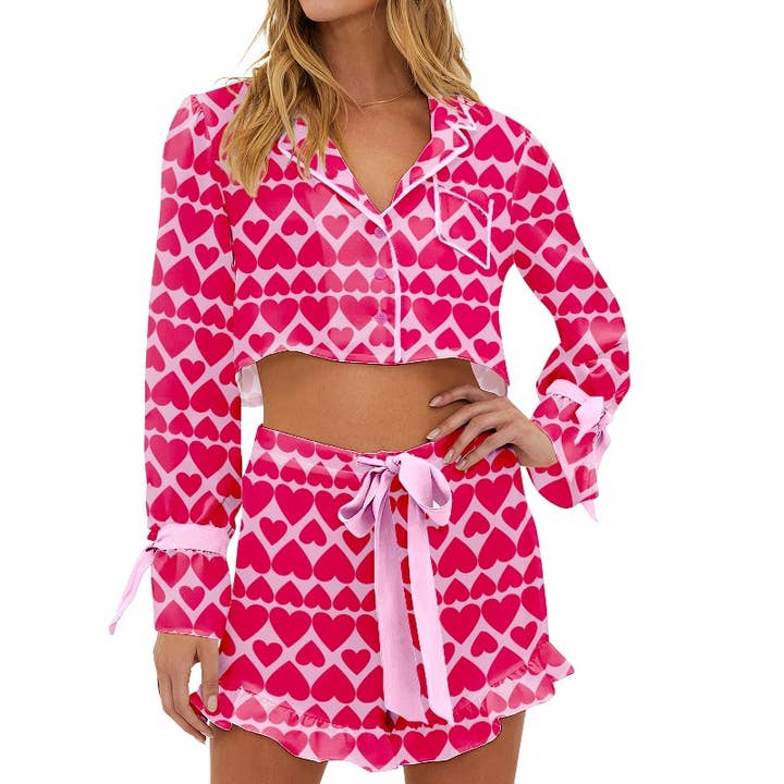 Rosa Clothing - Wholesale Lounge Set - Women's - Cozy Christmas Valentines Bow Tie Sleeve Pajama Set3