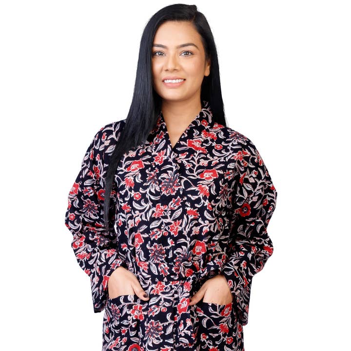 Womens Kimono Robe - Black and madder red floral + bag for wholesale by The Indian Bazaar