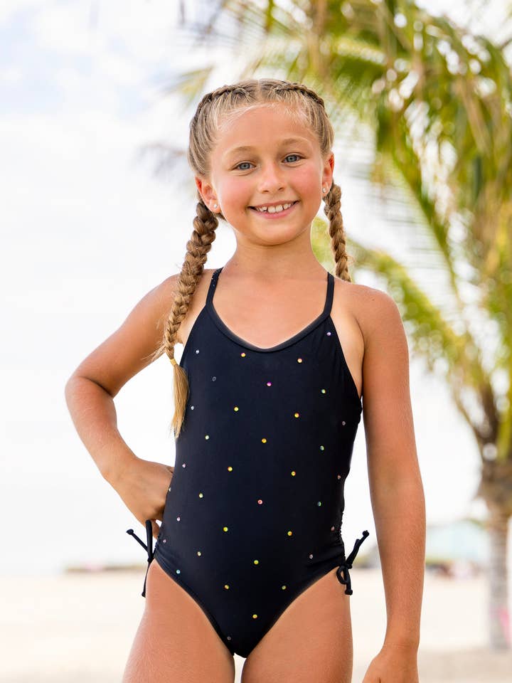 Mara Gathered One Piece Swimsuit with Rhinestone Detail for wholesale by Limeapple