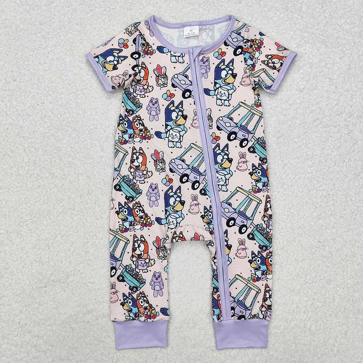 Baby Infant Girls Purple Dog Easter Rabbits Zip Rompers for wholesale by Aier Wholesale