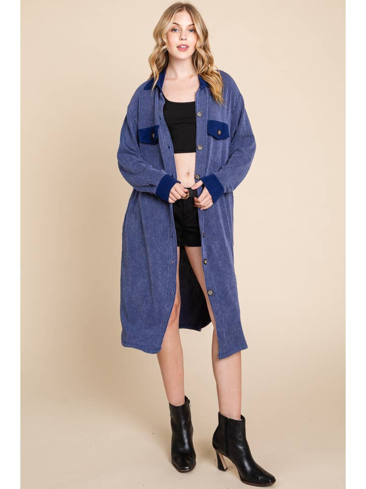 Navy Blue ETK-8869 Solid Urban Rib Long Shacket for wholesale on Faire