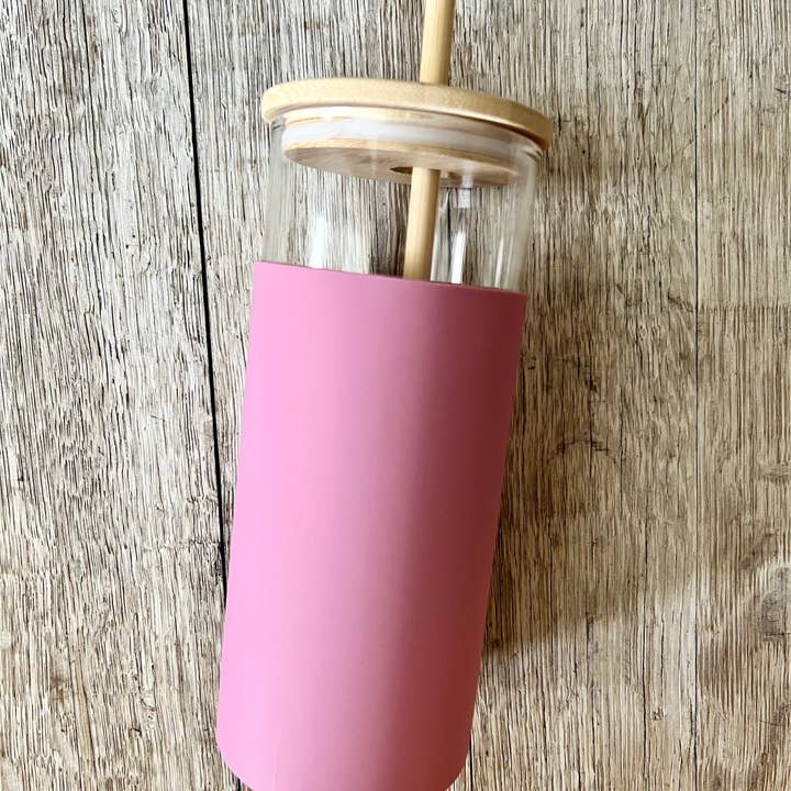 KW Custom Creations - Wholesale Drinking Glass/Cup - DISCONTINUED: Glass Tumbler w/Silicone Sleeve + Bamboo Lid/Straw