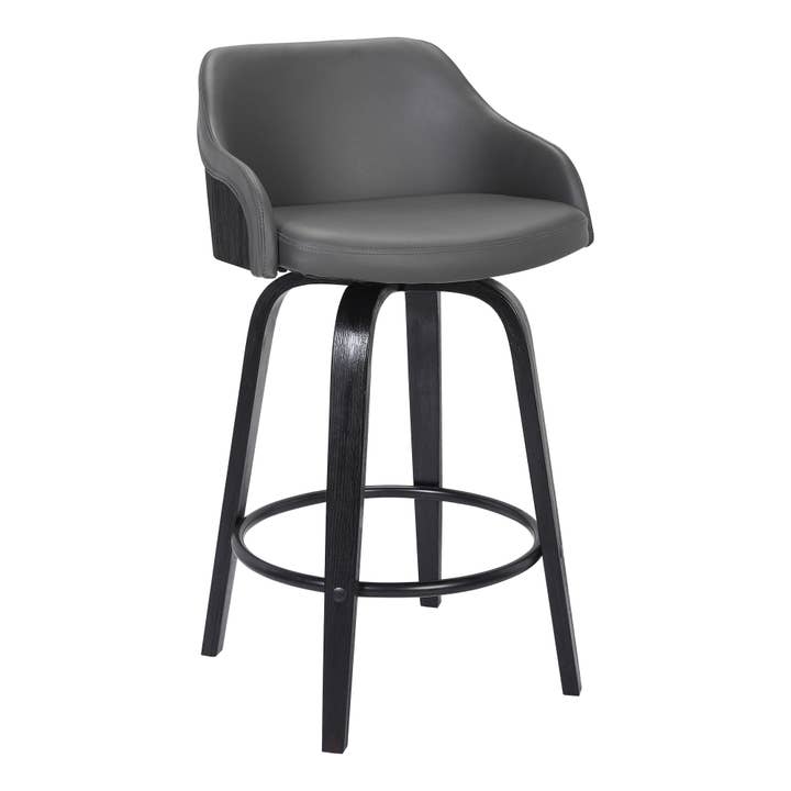 26" Gray Swivel Faux Leather Black Wooden Bar Stool for wholesale by HomeRoots