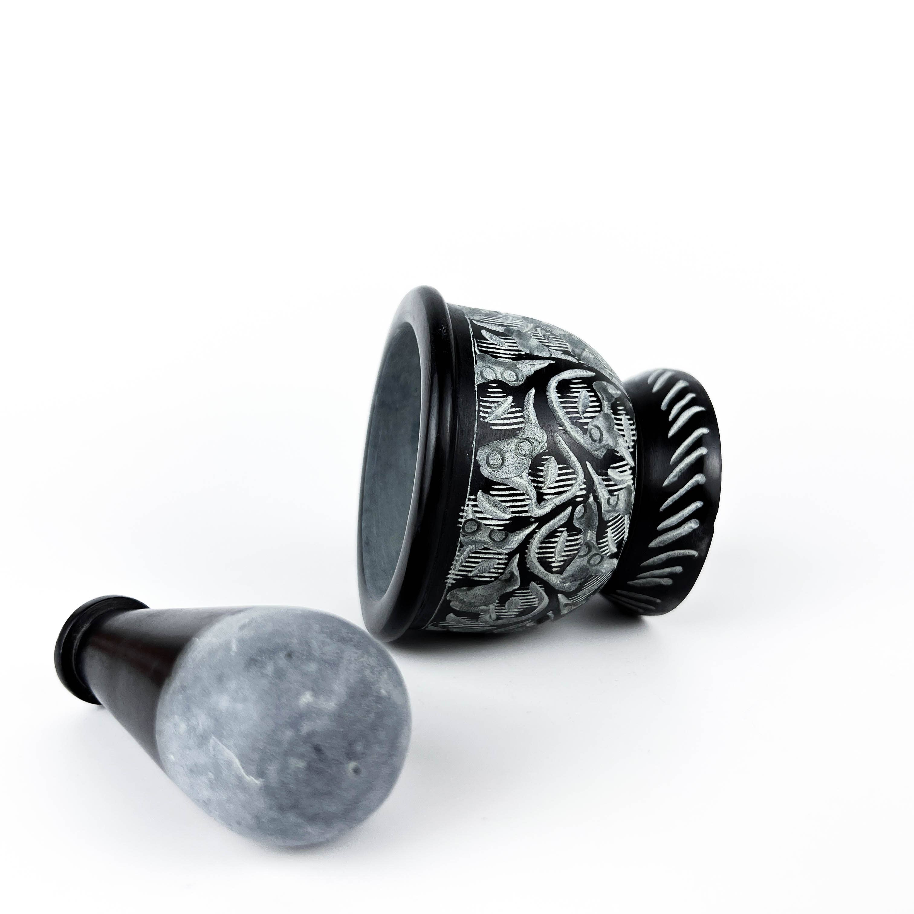 GREENROOTS USA LLC - Wholesale Mortar & Pestle - Black Carved Soapstone Mortar & Pestle 2.5"H, 3"D8