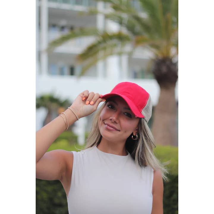 Red High Ponytail Hat with Beige Mesh for wholesale on Faire3