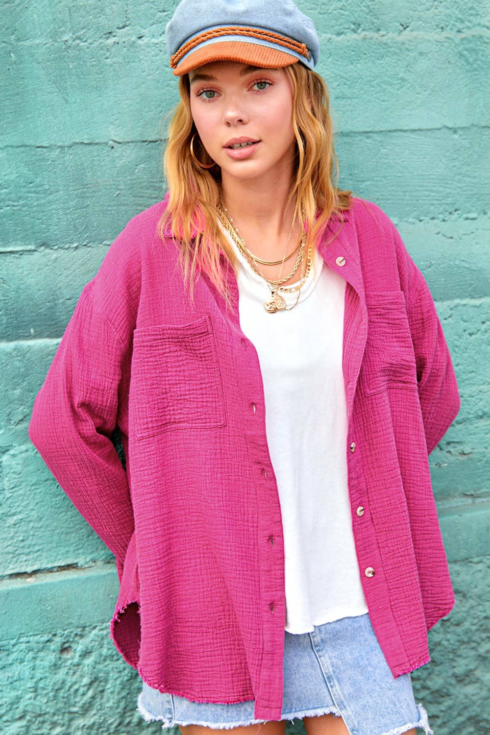 La Miel - Wholesale Button Down Shirt - Women's - SRT7448-Soft Washed Crinkled Gauze Button Down Shirts37