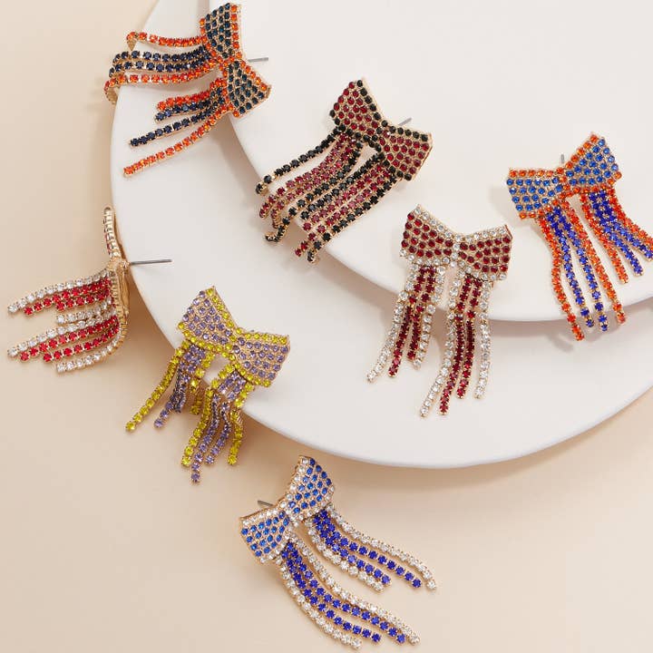 Rhinestone Bow Earrings with Gameday Team Colors for wholesale by Frem