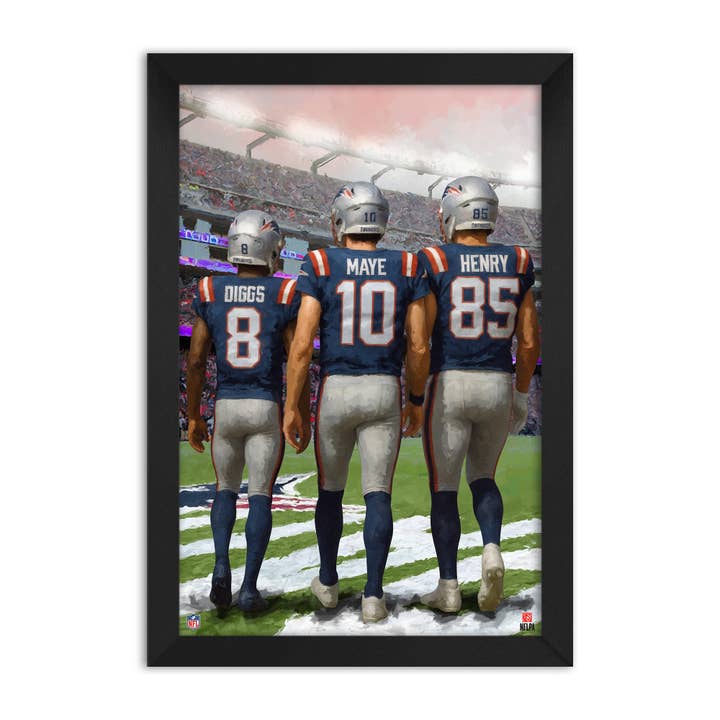 NEW ENGLAND PATRIOTS 14"X20" FRAMED ART 3 PLAYER PRINT for wholesale by Sporticulture