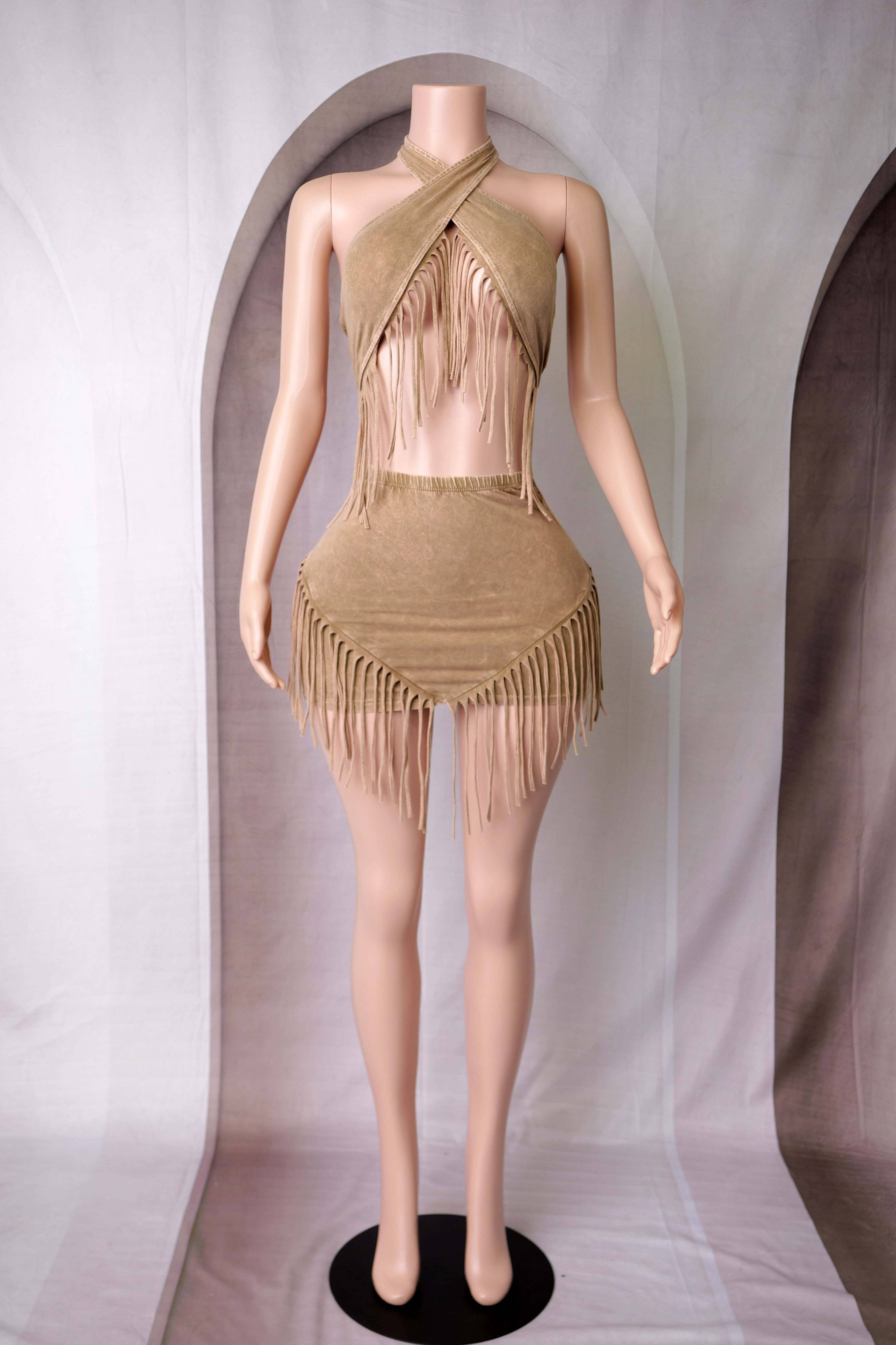 Cocoa Cream MINERAL WASH FRINGE HALTER TOP & SKIRT SET for wholesale on Faire1