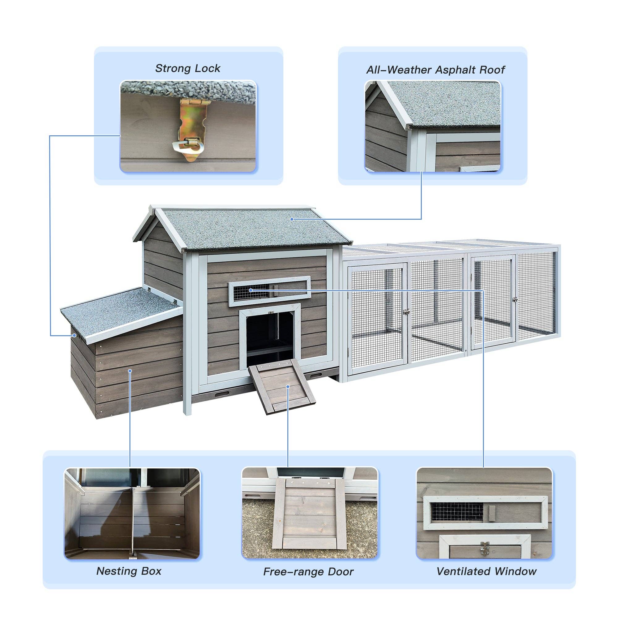 39F Inc. - Wholesale Outdoor Ornament/Decor - 118in Outdoor Wooden Chicken Coop with Nesting Box, Gray3