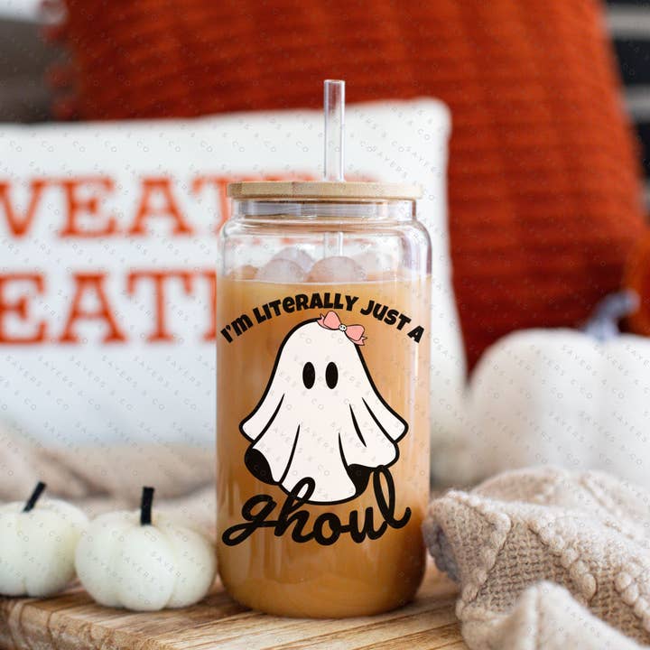 Sayers & Co. - Wholesale Drinking glass/cup - 16oz I'm Literally Just A Ghoul Glass Cup with Bamboo Lid & Straw #1003475