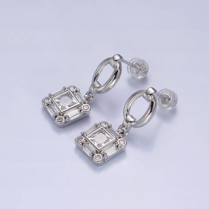 Aim Eternal - Wholesale Dangle Earrings - Silver, Gold Clear Square Baguette CZ Drop Dangle Oval Stud Earrings | AB569 AB5711
