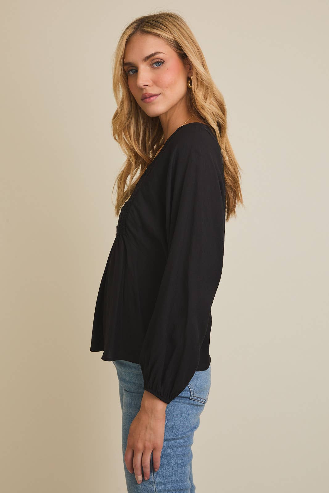 Black V-NECK LACE TRIM DETAIL BUTTON UP LONG SLEEVE FLARE HEM TOP for wholesale on Faire1