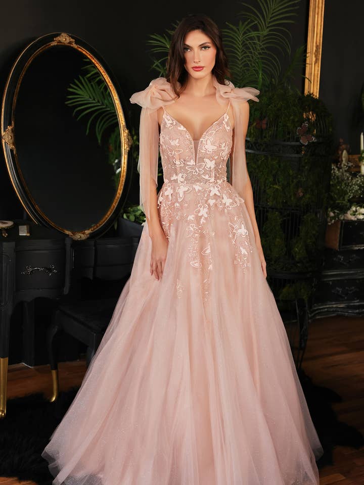 BLUSH A-LINE TULLE GOWN WITH FLORAL DETAIL for wholesale on Faire0