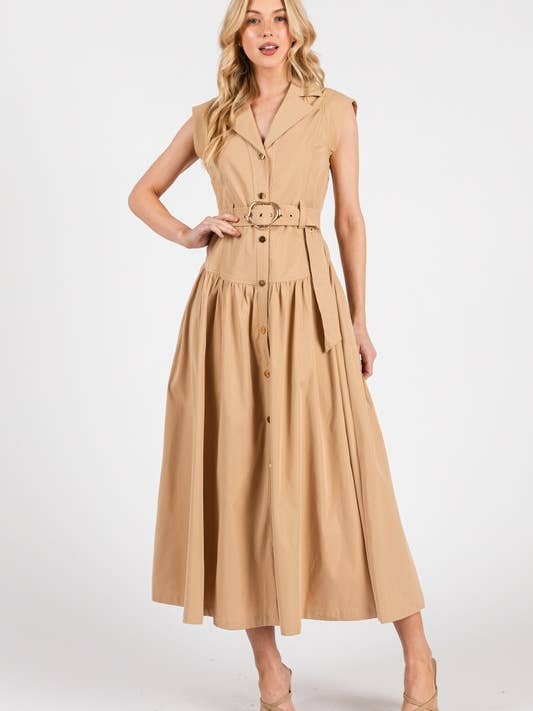 Kvinnors vävd enfärgad maxiklänning med korta ärmar och knappar framtill för wholesale av MintChoco
