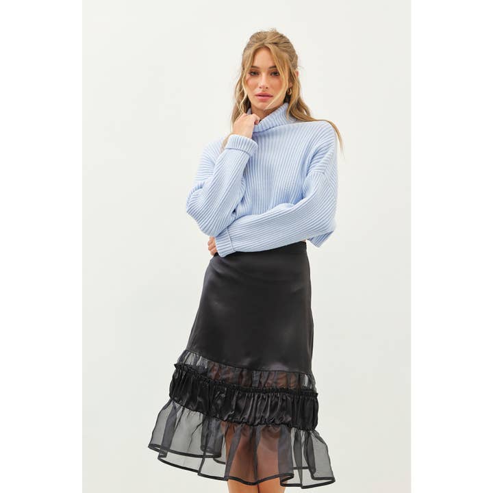 BLACK SATIN MIDI SKIRT WITH RUFFLED SHEER ORGANZA for wholesale on Faire