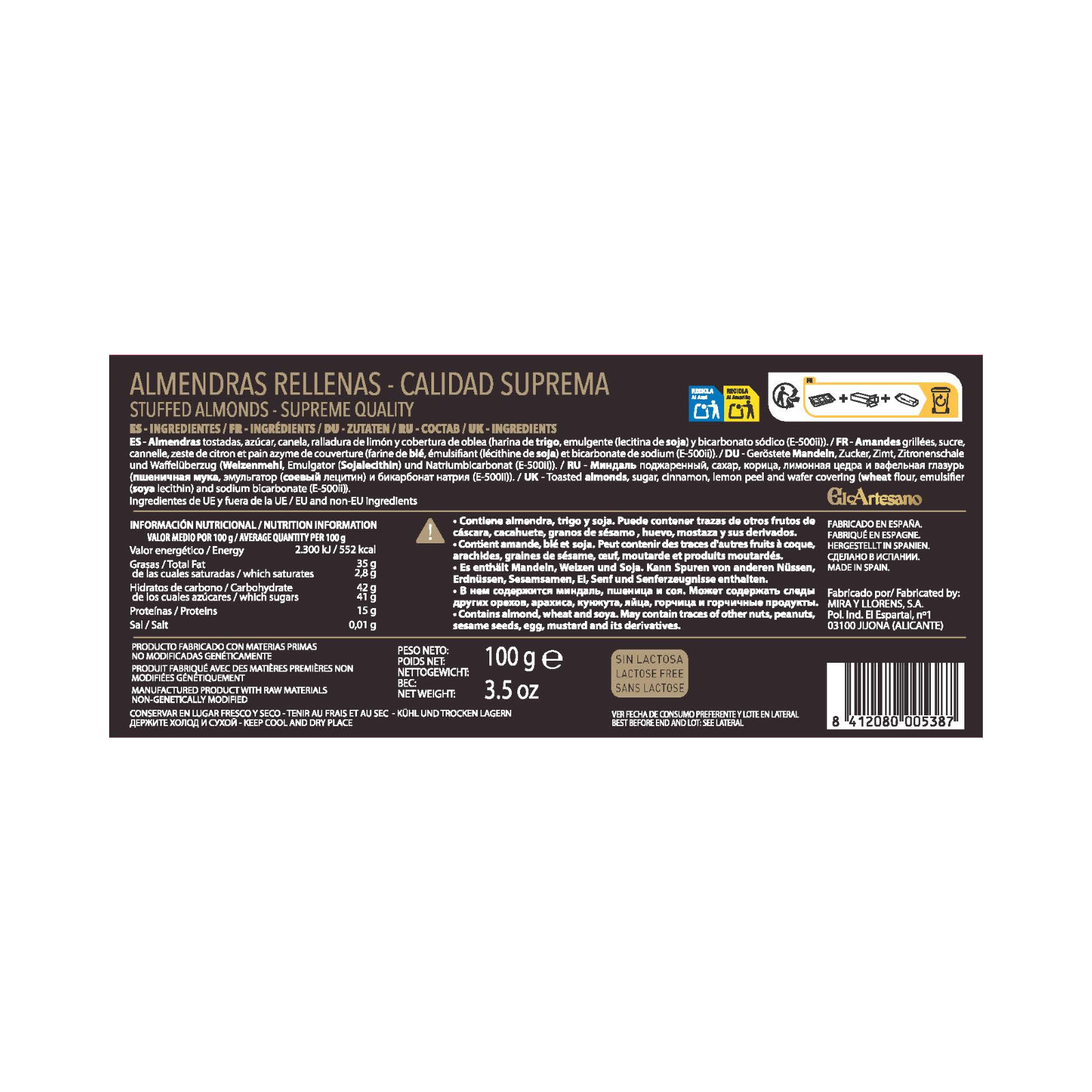 El Artesano - Vendita all'ingrosso Pasta di marzapane/mandorle - Mandorle Ripiene 100 Gr.1