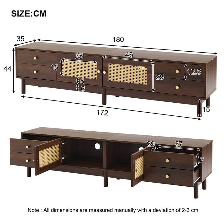 Urban Meuble - Wholesale Console Table - Vintage-style walnut wood effect TV stand with 2 rattan doors, 4 drawers 180*35*44cm KUQON27
