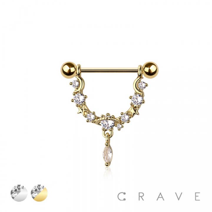 CRAVE BODY JEWELRY - Wholesale Face/Body Chain - 316L SURGICAL STEEL STAR BRANCH OVAL CZ DANGLE NIPPLE RING