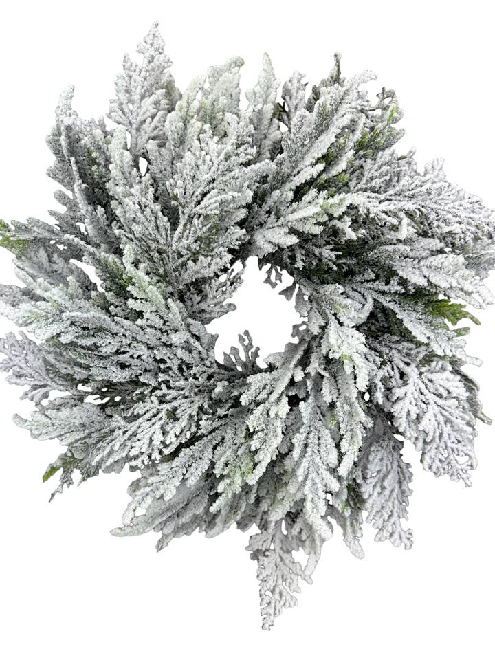 Flocked Cypress Mix Cabinet Wreath DIA14 - 86596SNOW for wholesale by General Wholesale Inc