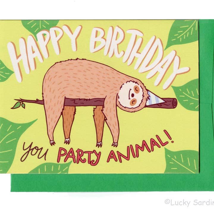 Party Animal Sloth, Funny Lazy Birthday Card for wholesale by Lucky Sardine