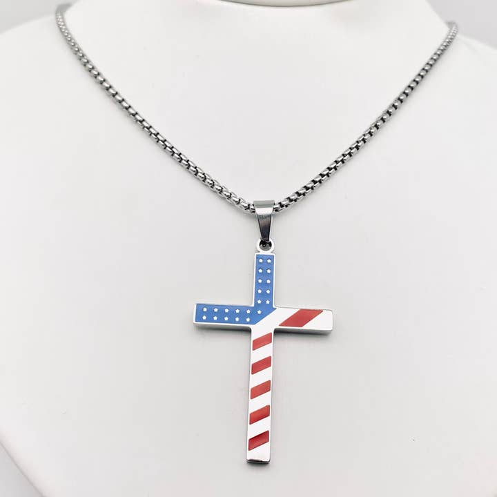Mio Queena - Wholesale Pendant/Charm Necklace - Stars and Stripe Flag Stainless Steel Cross Necklace -MJ/MNP1